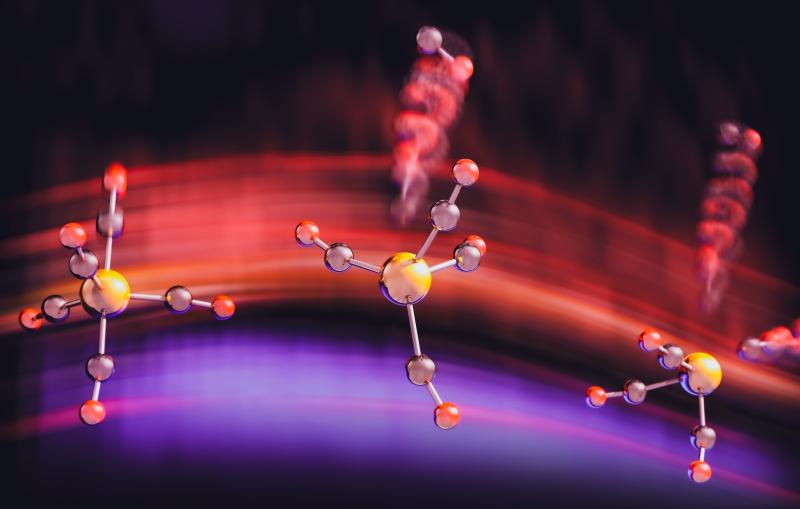 Three molecules on a streaky red and blue background.